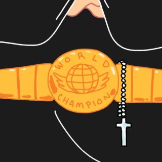 Illustration of a gold wrestling belt that says "World Champion," and a rosary and cross draped over it
