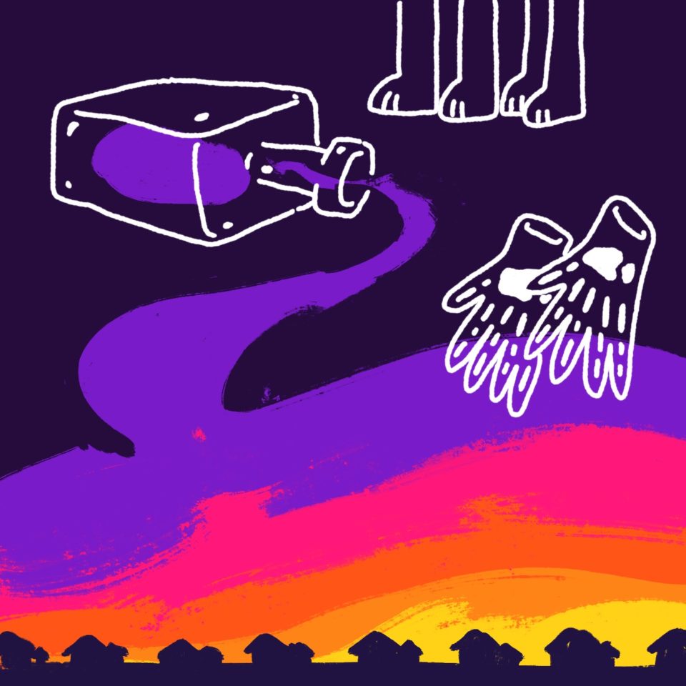 Illustration of a bottle spilling out purple liquid, which blends in with the sunset over a row of black houses, and the white outlines of hands and feet