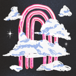 white and blue pencil-drawn cumulonimbus clouds are passing over a pink chrome 3d rainbow shape, the background is nearly black like the night sky with a few hand drawn sparkles surrounding the clouds.