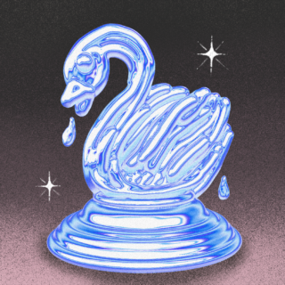 a shiny chrome blue 3d swan ice sculpture is centered on a gradient pink to charcoal background with two sparkles shining around it.