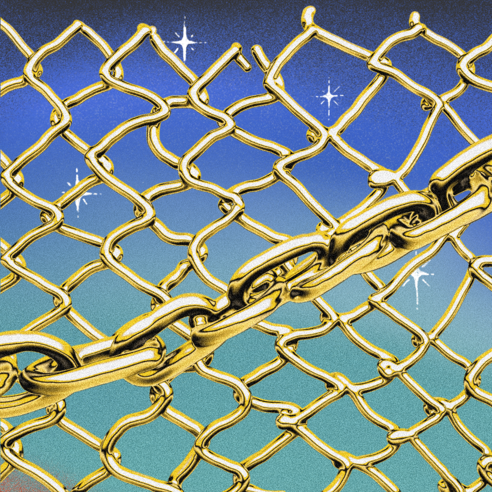 a 3d golden chain-link fence sits atop a blue/green gradient background with a 3d golden chain in the foreground.