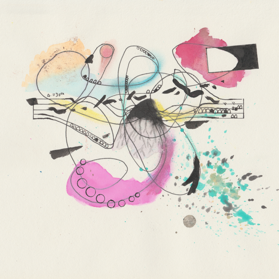 Abstract art piece/graphic score. The lines of a single music staff curl and twist in loops around each other. Black ink brushings move horizontally across the page. Teeth shapes are in groupings on various parts of the staff, some filled in, some with sharp or flat markings. In the top left, a pale yellow and pastel blue watercolor with ash glued on top, and a gold circle outline in black ink. At the bottom, a large fluorescent pink watercolor with empty circles on top of it. On te borrom right, a splatter of aquamarine, orange-brown and black watercolors. Some vibrant yellow across ht emiddle of the page. In the center, a black triangle with root-like shapes extending below. In the top right corner, red and pink watercolor bisected by a rectangle with empty and black halves.