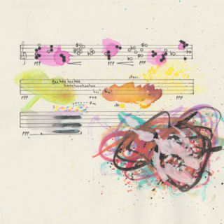 Abstract art piece/graphic score. 3 music staves with a treble clef in the middle of the page. The first staff has groupings of white and black notes with flat and sharp symbols, some on backgrounds of pink watercolor splashes. There are two crescendo markings and 3 pianissimo markings. The second staff has a watercolor and colored pencil green and yellow ginkgo leaf, a red-brown watercolor splash, yellow splatter, two pianissimo markings and an "ooo" marking, the text "Heeheeheehee haaahaaahaahaa hoo hoo!" and a staccato marking near the yellow splatter. The third staff has a pianissimo and pedal marking, a black and grey layering with sprinkled colors, and a Jackson Pollock-like swirling of colors and splatters with white splatters on top.