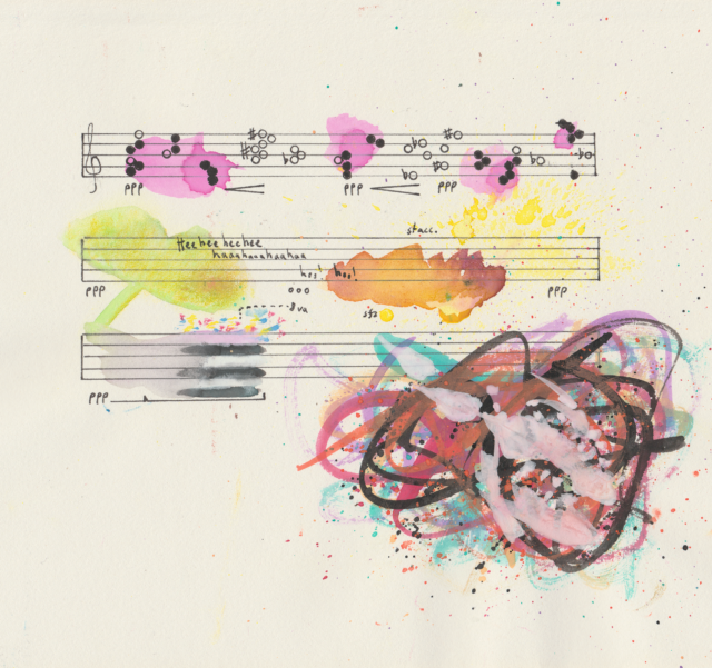 Abstract art piece/graphic score. 3 music staves with a treble clef in the middle of the page. The first staff has groupings of white and black notes with flat and sharp symbols, some on backgrounds of pink watercolor splashes. There are two crescendo markings and 3 pianissimo markings. The second staff has a watercolor and colored pencil green and yellow ginkgo leaf, a red-brown watercolor splash, yellow splatter, two pianissimo markings and an "ooo" marking, the text "Heeheeheehee haaahaaahaahaa hoo hoo!" and a staccato marking near the yellow splatter. The third staff has a pianissimo and pedal marking, a black and grey layering with sprinkled colors, and a Jackson Pollock-like swirling of colors and splatters with white splatters on top.