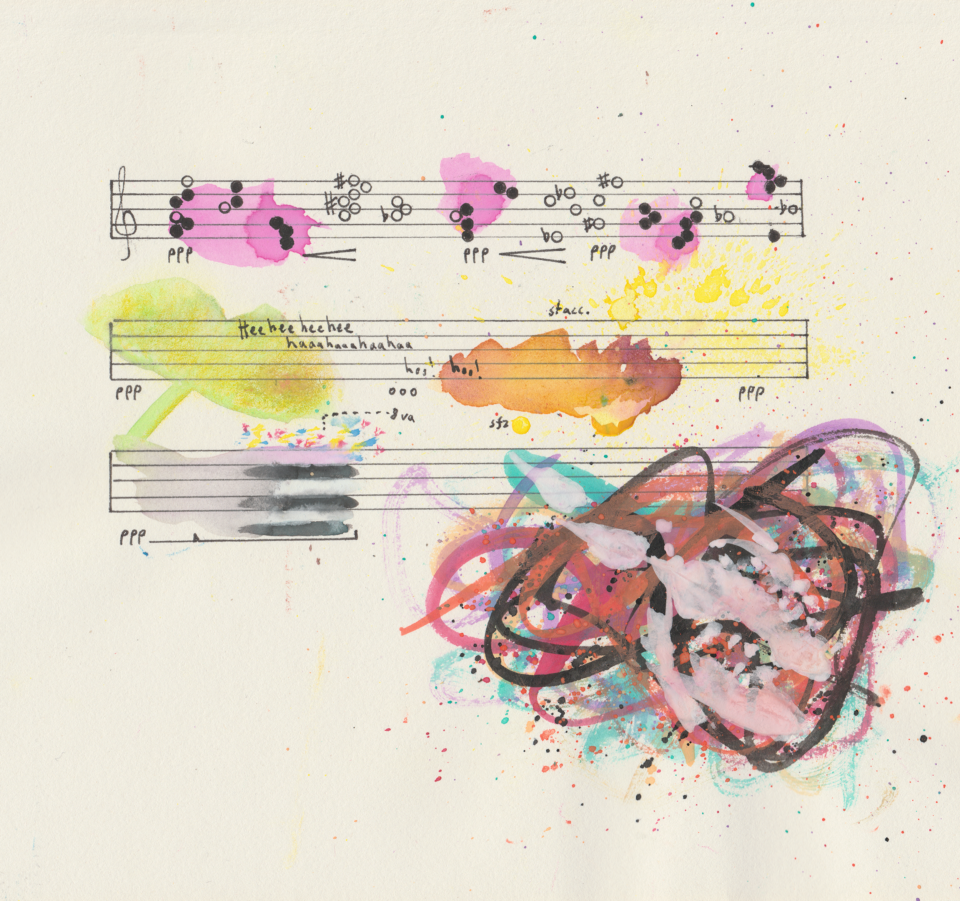 Abstract art piece/graphic score. 3 music staves with a treble clef in the middle of the page. The first staff has groupings of white and black notes with flat and sharp symbols, some on backgrounds of pink watercolor splashes. There are two crescendo markings and 3 pianissimo markings. The second staff has a watercolor and colored pencil green and yellow ginkgo leaf, a red-brown watercolor splash, yellow splatter, two pianissimo markings and an "ooo" marking, the text "Heeheeheehee haaahaaahaahaa hoo hoo!" and a staccato marking near the yellow splatter. The third staff has a pianissimo and pedal marking, a black and grey layering with sprinkled colors, and a Jackson Pollock-like swirling of colors and splatters with white splatters on top.