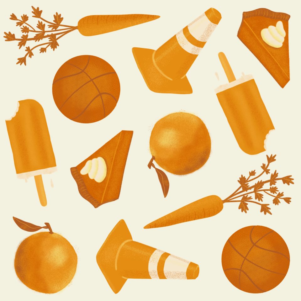 orange illustrations of carrots, popsicles, basketballs, a traffic cone, pumpkin pie, and an orange fruit