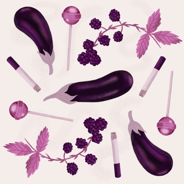 purple illustrations of eggplant, lollipops, berries, and cigarettes