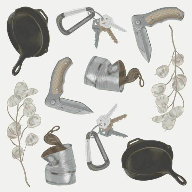 grey illustrations of a frying pan, carabiner and keys, pocketknife, leaves, and a crushed can