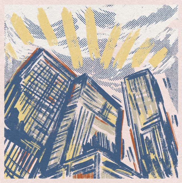 Illustration in blue, orange and yellow of buildings overhead