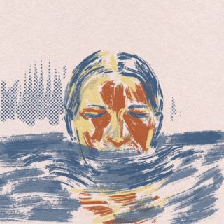 Illustration in blue, orange and yellow of a person underwater up to their nose