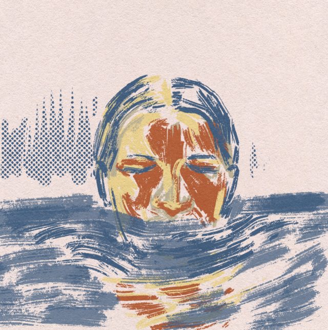 Illustration in blue, orange and yellow of a person underwater up to their nose