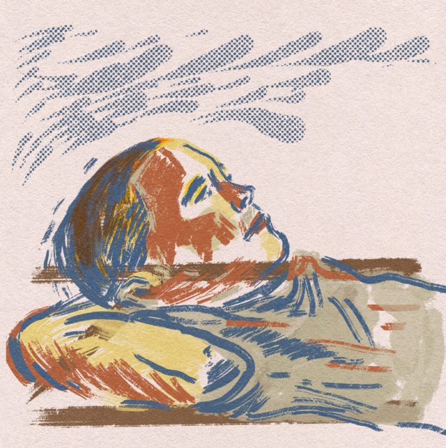 Illustration in blue, orange and yellow of a person lying down with their arm behind their head