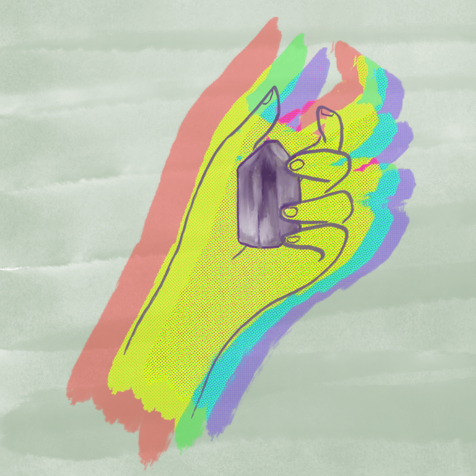 Illustration of a neon- and multi-colored hand of yellow, red, green, blue and purple holding a purple amethyst.