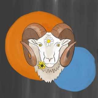 Illustration of a ram with light fur looking straight ahead, holding a yellow flower in its mouth, with a white flower on its forehead. There is an orange and a blue circle behind the ram and a dark gray background behind everything.